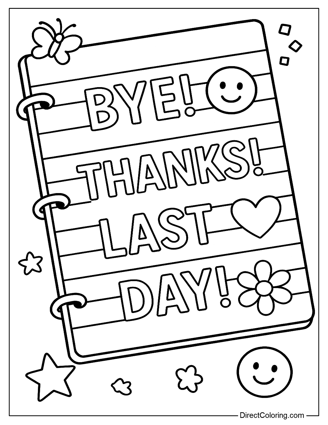 “Bye!”, “Thanks!”, “Last Day!” notebook coloring page with cute drawings.